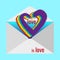 Traditional postal envelope with wish. Shape of heart is painted with in rainbow color watercolor brush on blue background. Text