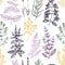 Traditional Provence herbs seamless pattern. Vector savory, marjoram, rosemary, thyme, oregano, lavender backdrop. Hand-sketched