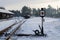 Traditional railway station with iron switch in Russian train museum