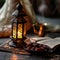 Traditional Ramadan Evening With Illuminated Lantern and Dates Near an Open Quran