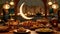 traditional Ramadan Iftar food against the backdrop of a serene moonlit sky, capturing the essence of the joyous