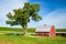 Traditional red barn and mature tree in scenic Eastern Washington