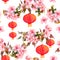 Traditional red chinese lantern in spring pink flowers - apple, plum, cherry, sakura. Seamless pattern. Watercolor