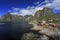 Traditional red colorful Norwegian fishing houses, Lofoten Islands