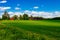 Traditional red farm house barn with white trim in open pasture with blue sky in Finland