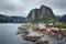 Traditional red rorbu cottages in Hamnoy village, Lofoten islan