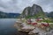 Traditional red rorbu cottages in Hamnoy village, Lofoten islan