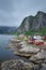 Traditional red rorbu cottages in Hamnoy village, Lofoten islan