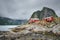 Traditional red rorbu cottages in Hamnoy village, Lofoten islands, Norway