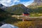 Traditional red rorbu cottages at the sea on Lofoten islands in Norway