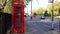 Traditional red telephone box, double decker London buses, Park Lane, Hyde Park, London, England