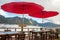 Traditional red Thai umbrellas in cafe