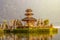 Traditional religious Hindu procession in Ulun Danu temple Beratan Lake in Bali Indonesia