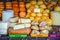 Traditional Romanian cheese varieties and meat in the market