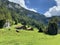 Traditional rural architecture and family livestock farms on pastures in the Giessbach Nature Park and the mountain range Bernese