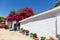 Traditional rural house in southern Greece with blooming red azalea near the white wall of a one-story house on a background of