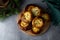 Traditional Russian baking pastry vatrushka, round buns, curd tart selective focus, closeup. Cheesecake with cottage cheese.