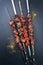 Traditional Russian barbecue lamb shashlik skewer with tomatoes and spice on a black board