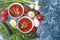 Traditional Russian borsch with egg and bread on a dark table. Delicious folk natural food, top view