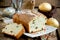 Traditional russian cottage cheese cake shaped rectangular decorated for Easter holidays