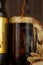 Traditional Russian drink kvass made from bread, rye malt, sugar and water. Kvass in the jug, rye bread and malt in a