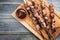 Traditional Russian shashlik on a barbecue skewer with ketchup on cutting board