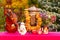 Traditional Russian table with samovar, teapot with bagels and decorations on the table outside in autumn