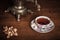 Traditional Russian tea. Samovar, bagels and dried apples