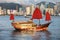 Traditional Sail junk ship in modern Hong Kong