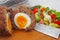 Traditional scotch eggs on a wooden plate. Scotch eggs