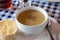 Traditional scottish vegetarian food, potato soup with leek, served in oldest gastro-pub of Edinburgh, Scotland