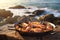 Traditional seafood paella in the pan on a table by the sea. Generative AI