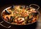 Traditional seafood paella with various sea products in frying pan.Macro.AI Generative