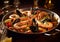 Traditional seafood paella with various sea products in frying pan.Macro.AI Generative
