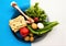 Traditional Seder Plate with symbolic foods on glass plate.