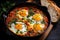 Traditional shakshuka with eggs, tomato and parsley in a iron pan. Israeli food