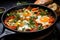 Traditional shakshuka with eggs, tomato and parsley in a iron pan. Israeli food