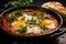 Traditional shakshuka with eggs, tomato and parsley in a iron pan. Israeli food