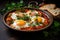 Traditional shakshuka with eggs, tomato and parsley in a iron pan. Israeli food