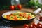 Traditional shakshuka with eggs and tomatoes in frying pan
