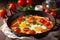 Traditional shakshuka with eggs and tomatoes in frying pan