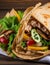 Traditional Shawarma Delight: Savory Chicken, Fries, and Fresh Veggies Wrapped in Pita - Rustic Brown Wall Setting. AI Generated