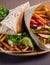 Traditional Shawarma Delight: Savory Chicken, Fries, and Fresh Veggies Wrapped in Pita - Rustic Brown Wall Setting. AI Generated