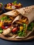 Traditional Shawarma Delight: Savory Chicken, Fries, and Fresh Veggies Wrapped in Pita - Rustic Brown Wall Setting. AI Generated