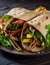 Traditional Shawarma Delight: Savory Chicken, Fries, and Fresh Veggies Wrapped in Pita - Rustic Brown Wall Setting. AI Generated