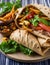 Traditional Shawarma Delight: Savory Chicken, Fries, and Fresh Veggies Wrapped in Pita - Rustic Brown Wall Setting. AI Generated