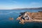 Traditional shipyard for fishing boats, Koufonisi island, Cyclades, Greece. Aerial drone view