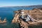 Traditional shipyard for fishing boats, Koufonisi island, Cyclades, Greece. Aerial drone view