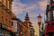 Traditional shops, lanterns and a pagoda in San Francisco Chinatown at sunset