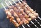 Traditional skewers on skewers and barbecue. Springtime outdoor recreation. Grilled meat